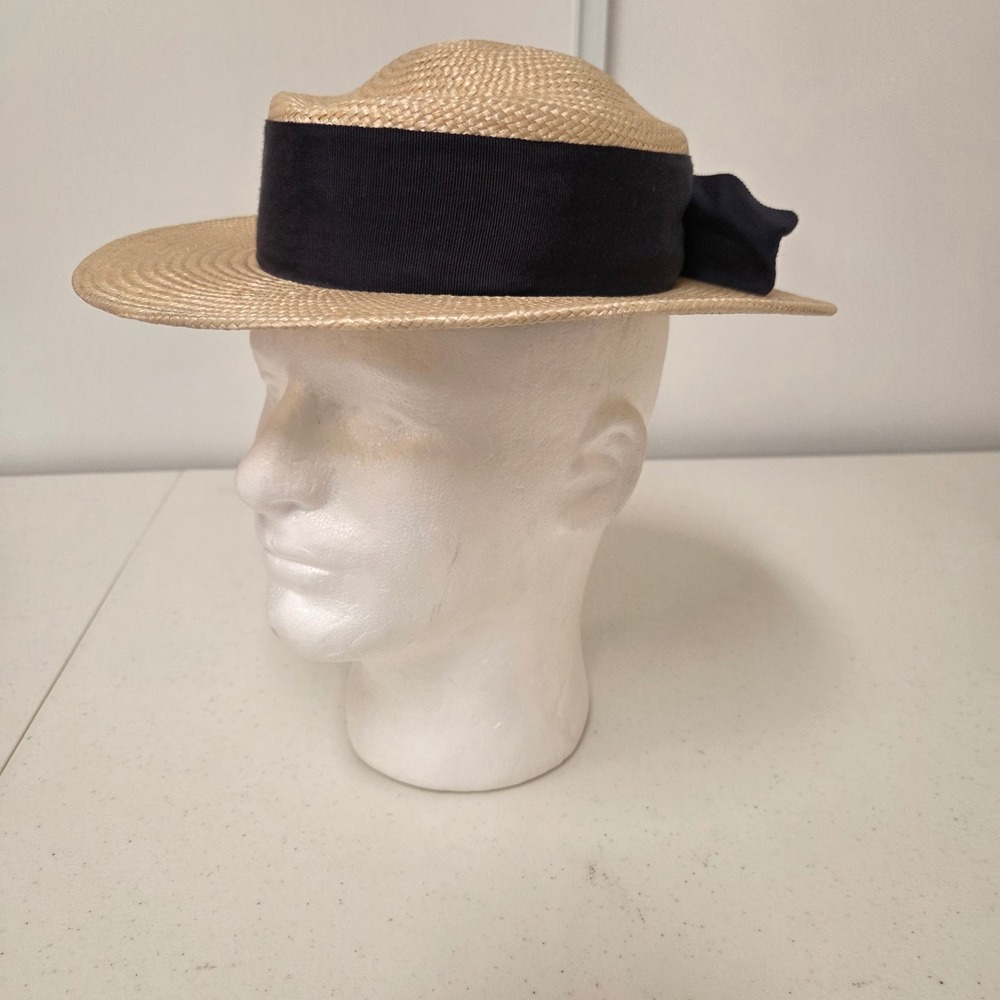 Sonni San Francisco Vintage Straw Boater Hat Black Grosgrain Bow Hair Comb Tan